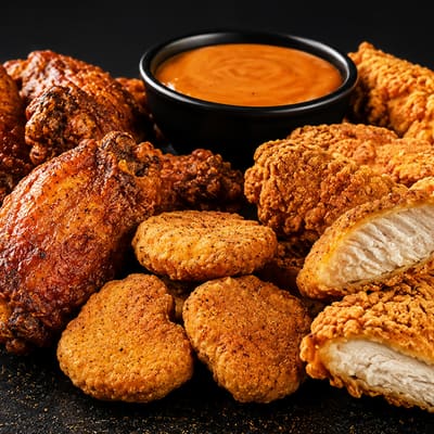 Assortiment de wings, nuggets et tenders croustillants