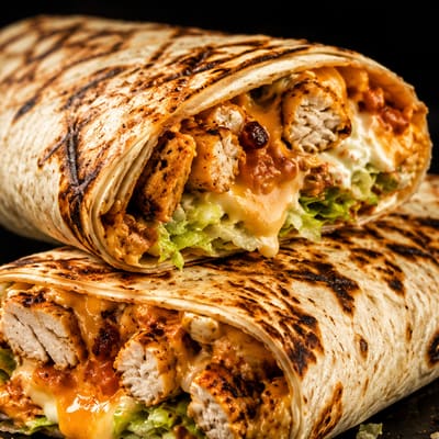 Sandwich grillé coupé en deux, garni de poulet et de sauce