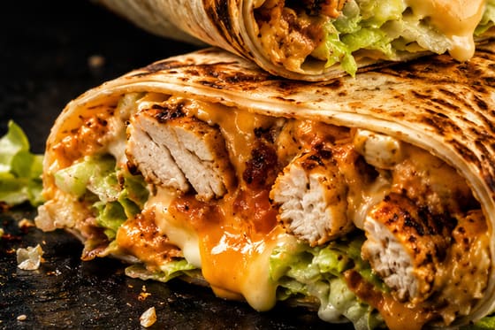 Gros plan sur une galette grillée garnie de poulet et de fromage