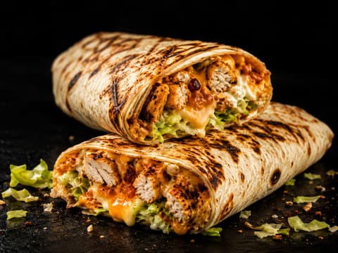 Tacos Big Factory : galette grillée garnie de poulet et de sauce fromagère