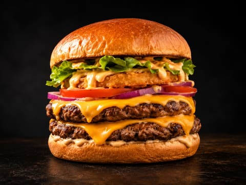 Burger Chicken Factory : poulet, cheddar fondu, salade et oignons rouges